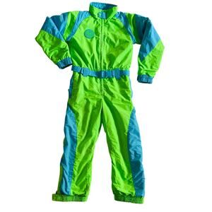 Tipsy Elf Bright Green Blue Retro Kids Snowsuit Skisuit Ski bib M 8